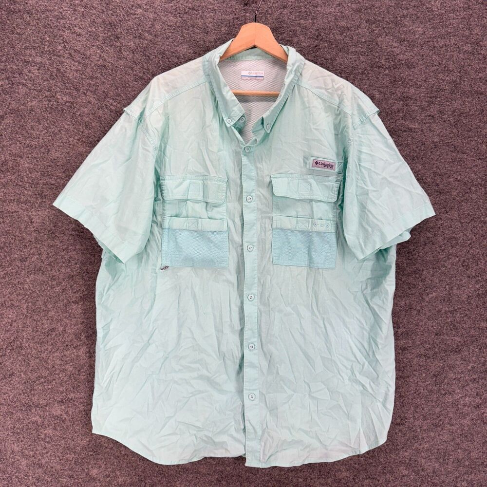 Columbia Shirt Men 2XL Blue Button Up Collared Short Sleeve Pockets Cotton Lined